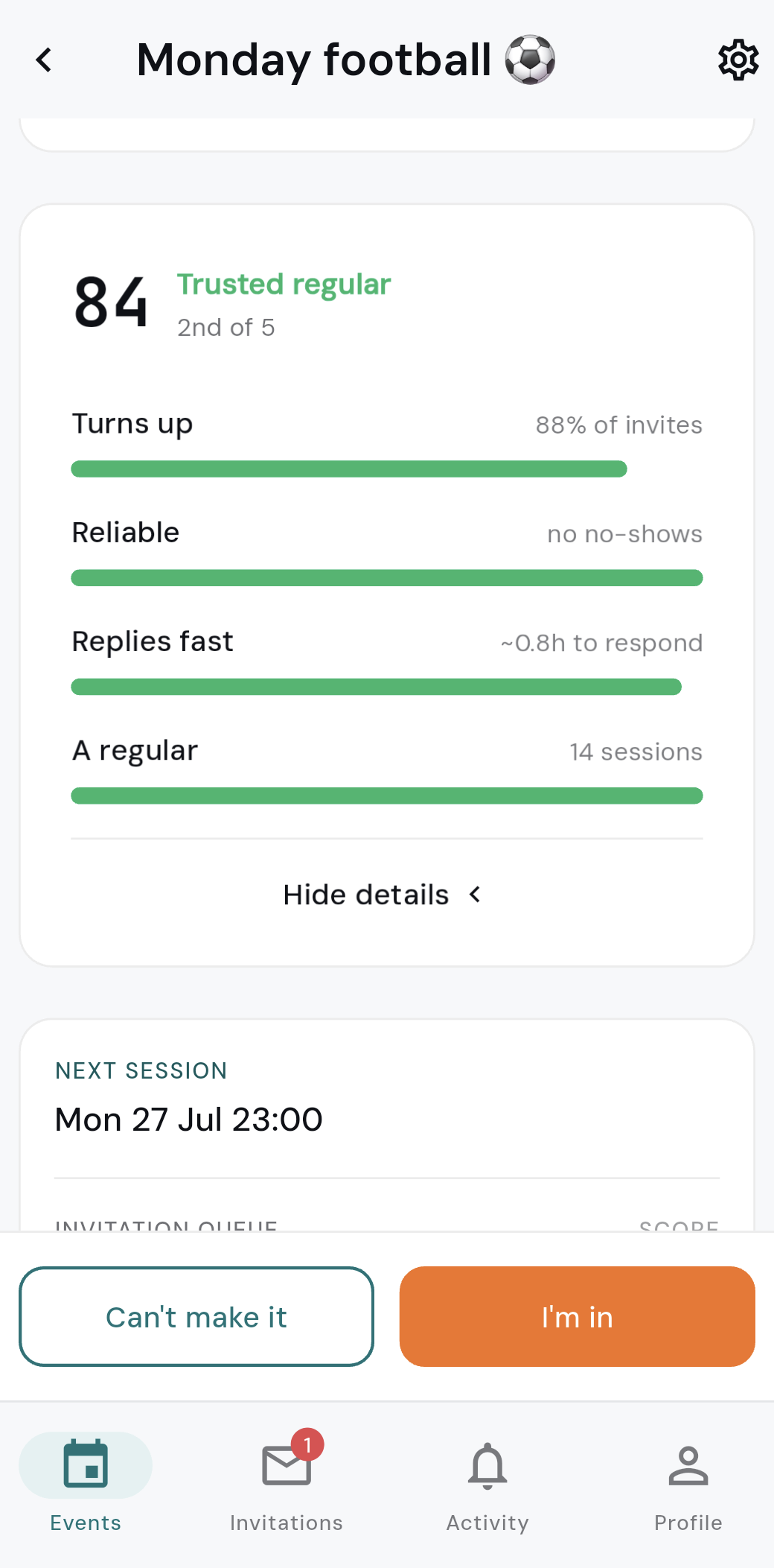 Loyalty Score screen: a score of 84 out of 100, rated Trusted regular and ranked 2nd of 5, broken down into turn-up rate, no-shows, reply speed and sessions played.